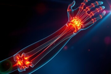 3d medical illustration of human wrist joint inflammation. Radiographic arm anatomy. Ideal for medical blogs, textbooks, patient information guides, digital healthcare platforms