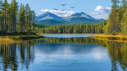 Fototapeta premium Serene mountain lake, birds flying, autumnal forest reflections