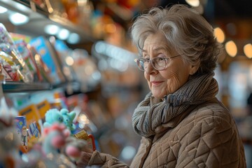 An elderly woman examines colorful toys on a shelf in a lively store. She wears a cozy scarf and smiles while selecting items, surrounded by bright displays and cheerful decorations