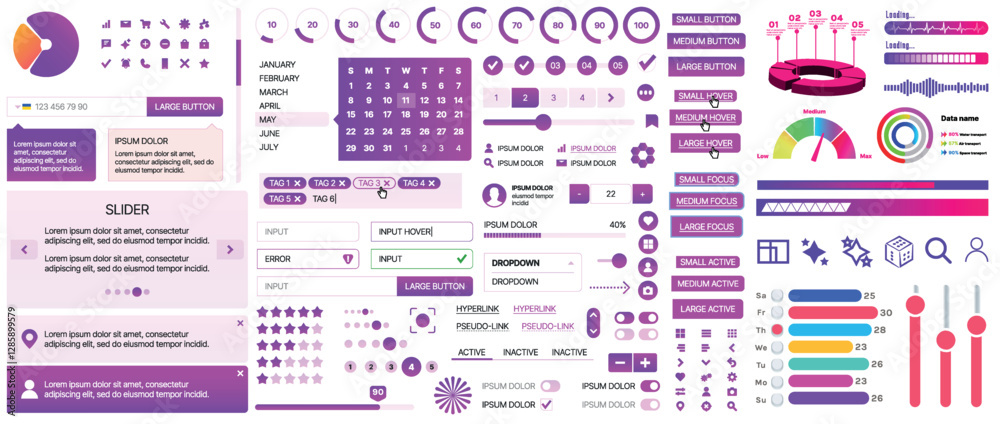 Poster a set of ui components for mobile apps and websites. includes buttons, panels, menus, sliders, and c