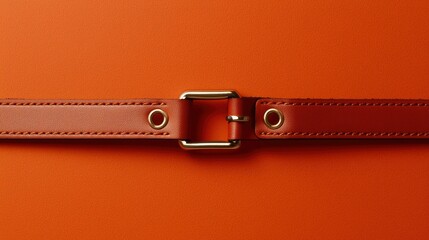 Brown leather belt with gold buckle on orange background for fashion or retail