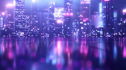 A vibrant cityscape at night with glowing lights and reflections.