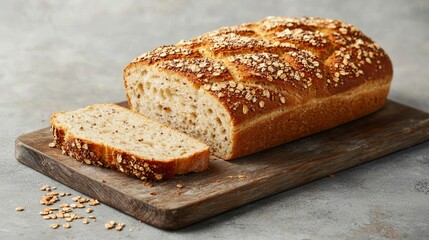 Freshly baked oat bread loaf sliced on wooden board, kitchen setting