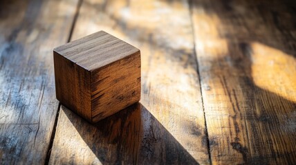A wooden cube rests on a rustic wooden table, showcasing natural textures and earthy tones.