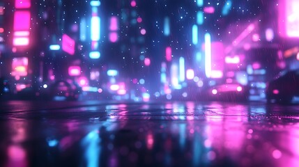 Fototapeta premium A vibrant urban scene with neon lights reflecting on a wet street during rain.