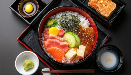 Seafood rice bowl with sides, black background, healthy meal