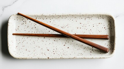 Wooden chopsticks on ceramic dish, marble background, food styling