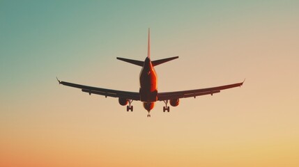 Airplane landing at sunset