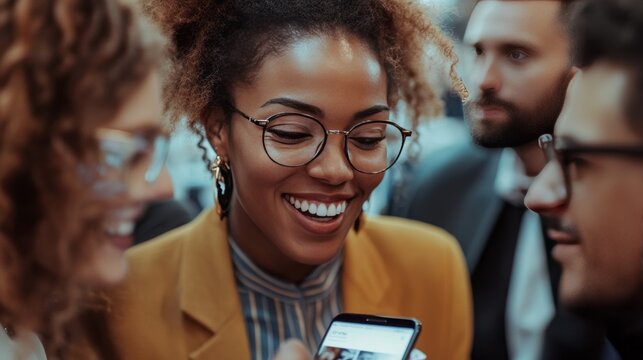 Young successful woman smiling and enyoing in ofice with other people - team building	
