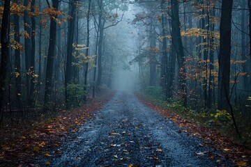 Fototapeta premium A misty autumn path winds through a dark forest, fallen leaves scattered on the wet road.