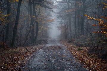 Misty autumn forest path, leaves scattered on wet ground, trees shrouded in fog.