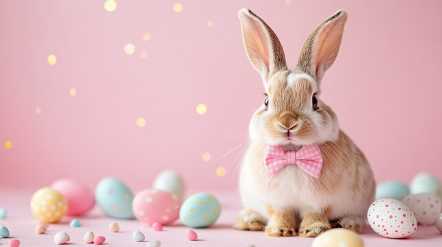 Cute furry bunny wearing a fashionable bow tie, with a soft pink background adorned with festive Easter egg patterns, suitable for spring holiday decoration and greeting cards.