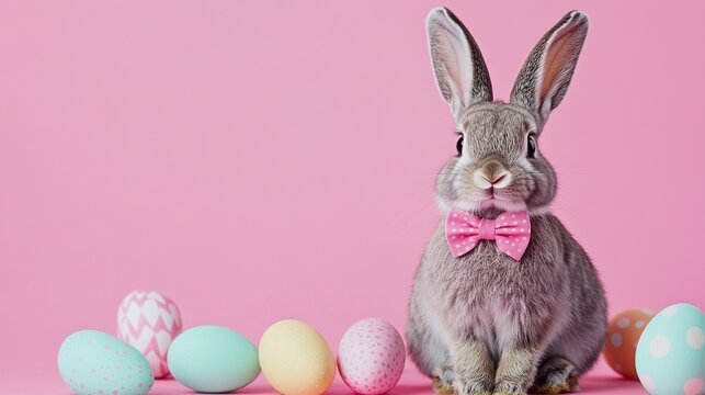 Cute furry bunny wearing a fashionable bow tie, with a soft pink background adorned with festive Easter egg patterns, suitable for spring holiday decoration and greeting cards.