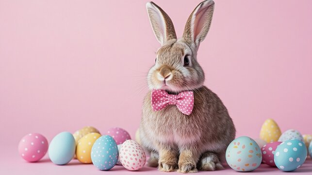 Cute furry bunny wearing a fashionable bow tie, with a soft pink background adorned with festive Easter egg patterns, suitable for spring holiday decoration and greeting cards.