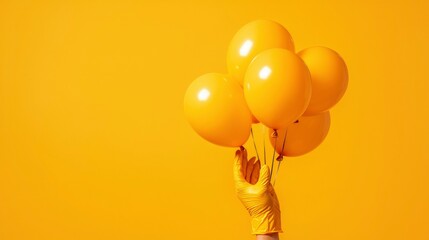 Hand in yellow glove holding yellow balloons on a yellow background