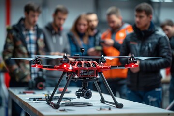 Group of technology enthusiasts engage in a workshop focusing on drone operations. A red drone with camera is prominently displayed on the table as participants discuss features and techniques