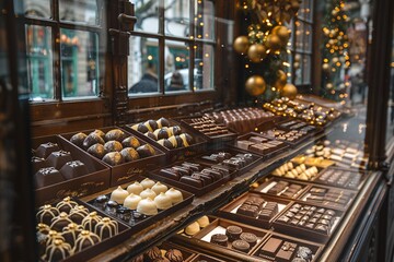 A beautifully arranged display of various chocolates is showcased in a shop window, adorned with...