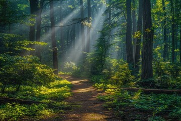 Obraz premium Sunbeams pierce a misty forest, illuminating a path through lush green foliage and tall trees.
