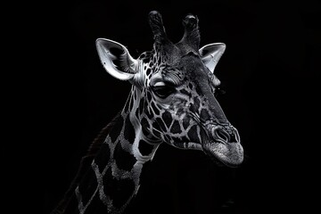 Obraz premium A close-up view of a giraffe showcases its distinct patterns and long neck. The animal stands against a dark background, emphasizing its graceful features and expressive eyes