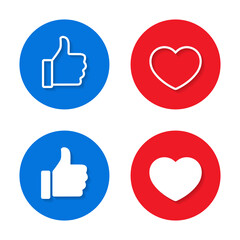 Like and love icon with shadow. Thumb up and heart sign symbol