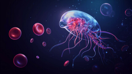 A sleek and modern vector illustration of Plasmodium malariae attacking human blood cells. The parasite is enlarged, showing its structure in detail. 