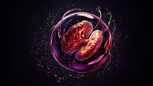 A sleek and modern vector illustration of Plasmodium malariae attacking human blood cells. The parasite is enlarged, showing its structure in detail. 