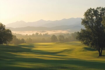 Naklejka premium majestic golf course at golden hour rolling emerald greens bordered by ancient oak trees misty mountains in distance