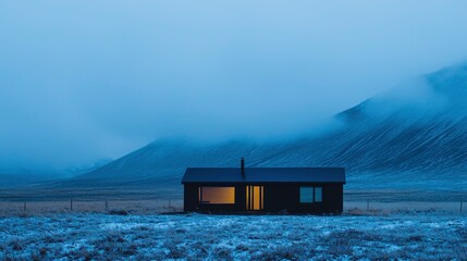 Remote cabin glowing at dusk in a misty, mountainous landscape