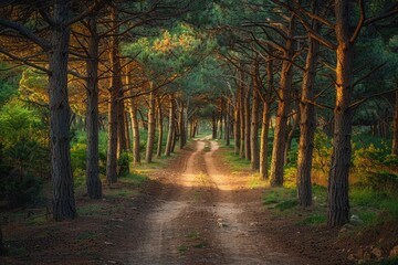 Naklejka premium Sunlit path through a dense pine forest, creating a magical, serene atmosphere.