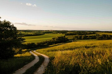 Fototapeta premium Winding dirt road through rural fields at sunset