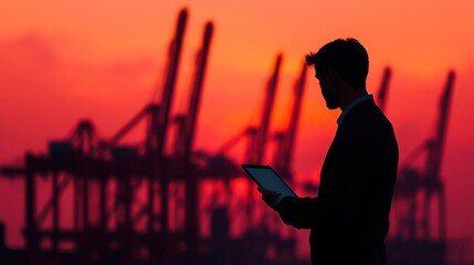 Fototapeta premium Engineering silhouette of industrial cranes concept. Silhouetted Industrial Cranes Stretching Across an Orange Sunset Skyline