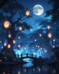 Obraz premium A mystical anime-style forest at night, illuminated by glowing floating lanterns drifting through the air. 