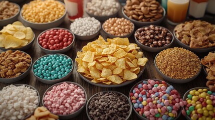 Assorted breakfast cereals and candies in bowls on a wooden table. Colorful sugary snacks displayed for a food background