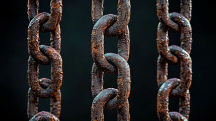 Fototapeta premium Three rusty chains are shown in a close up. The chains are old and worn, with a sense of decay and abandonment. The image evokes a feeling of nostalgia and melancholy