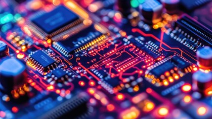 Illuminated Circuit Board: A Close-Up of Microchips and Pathways