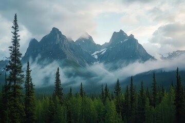 majestic mountain range shrouded in ethereal morning mist layered peaks emerging through clouds pristine alpine forest in foreground dramatic atmospheric lighting