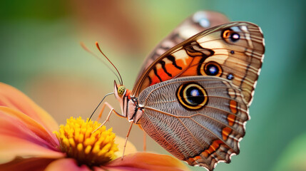 Fototapeta premium Detailed macro shot of a vibrant butterfly resting on a flower its intricate wing patterns and the flower's bright colors create a visually stunning image capturing the delicate beauty of nature