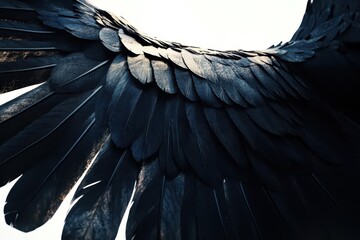 Obraz premium majestic obsidian wings unfurling against ethereal white backdrop dramatic shadows and feather detail creating supernatural atmosphere