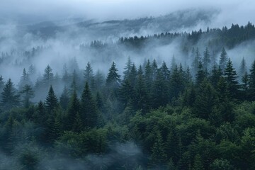 Misty mountain forest with dense evergreen trees shrouded in fog, creating a serene and mystical atmosphere.