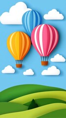 Colorful hot air balloons in paper style sky