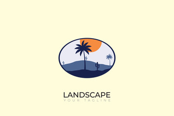 Simple desert logo with cacti and palm tree in oval shape, in blue color