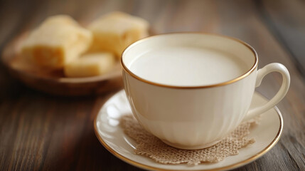 Elegant porcelain cup of creamy milk tea paired with delicate cheese cubes on a rustic wooden table for a comforting and visually appealing gourmet experience