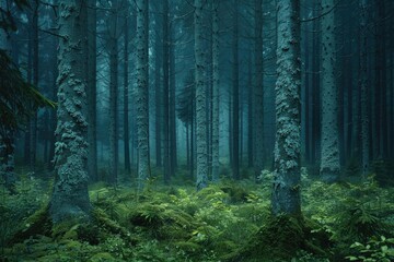 Obraz premium A misty, dark forest with tall trees and lush green undergrowth, creating a mysterious and enchanting atmosphere.