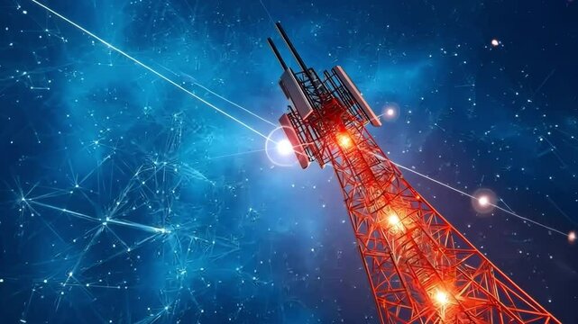 A low-poly wireframe digital telecommunication tower with antennas