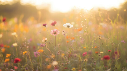 Obraz premium Dreamy field of cosmos flowers bathed in the warm glow of golden hour creating a serene and picturesque natural landscape filled with vibrant colors and textures