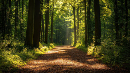 Obraz premium Sunlight illuminates a scenic forest path winding through tall trees creating a serene and inviting atmosphere perfect for nature lovers and outdoor enthusiasts