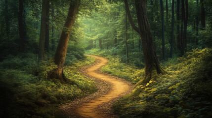 Fototapeta premium Enchanting Forest Pathway: A Serene Journey Through Lush Greenery and Sunlight-Dappled Trees Creating a Tranquil Nature Experience with a Winding Trail and Vibrant Foliage