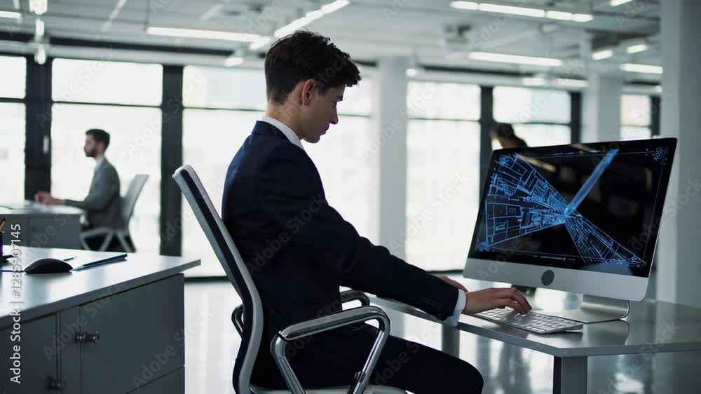 Poster Young engineer in a suit is working on a futuristic building project using advanced software, displayed on his computer screen in a modern office environment
