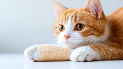 Injured cat with bandaged paw resting. Discover tips on feline care, health recovery, and veterinary advice for cat injuries.
