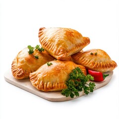 Golden Brown Delicious Pastry Pockets Filled with Savory Ingredients on Wooden Board with Fresh Herbs and Peppers